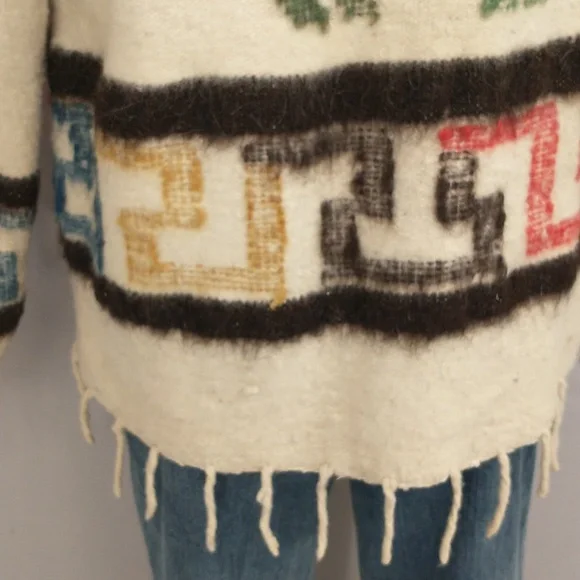 Vintage 70s Wool Jacket Love Birds Hand Crafted South American Woven w Fringe - Picture 7 of 16